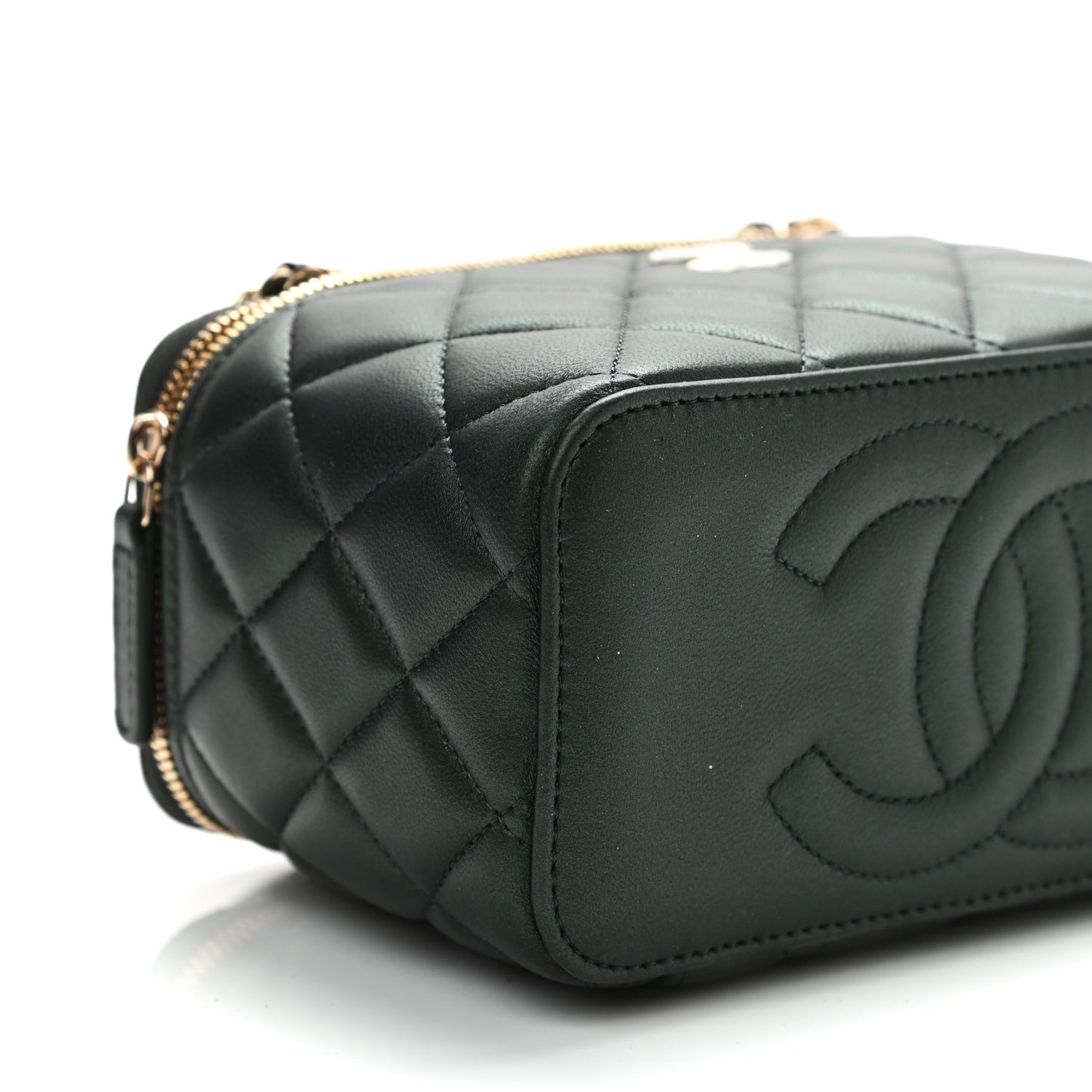 Iridescent Lambskin Quilted Small Top Handle Vanity Case With Chain Green