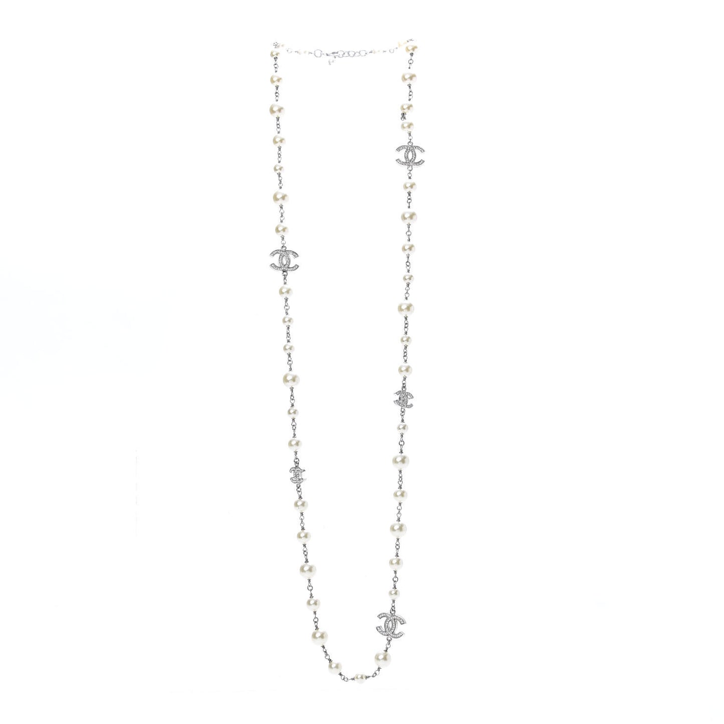 Graduated Pearl Crystal CC Long Necklace Silver