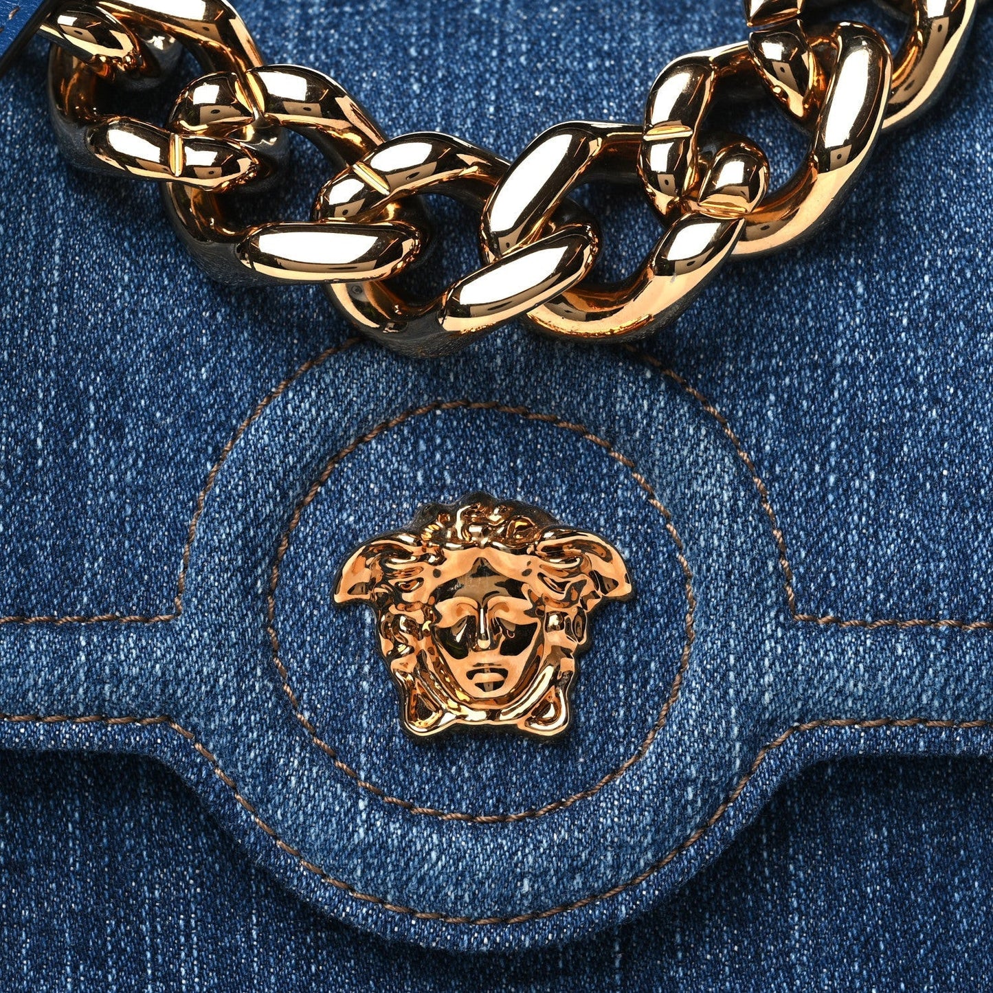 Denim La Medusa Chain Shoulder Bag Navy Blue
