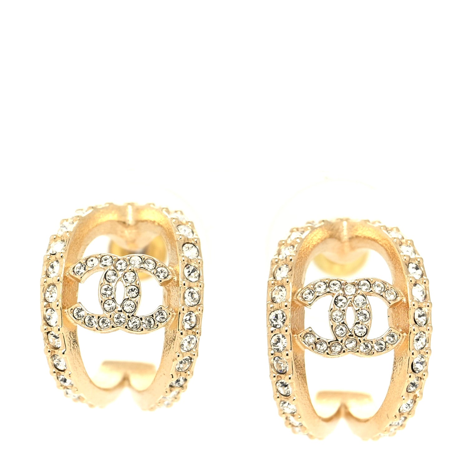 Chanel Crystal Strass CC Double Hoop Earrings Gold 1 of 5