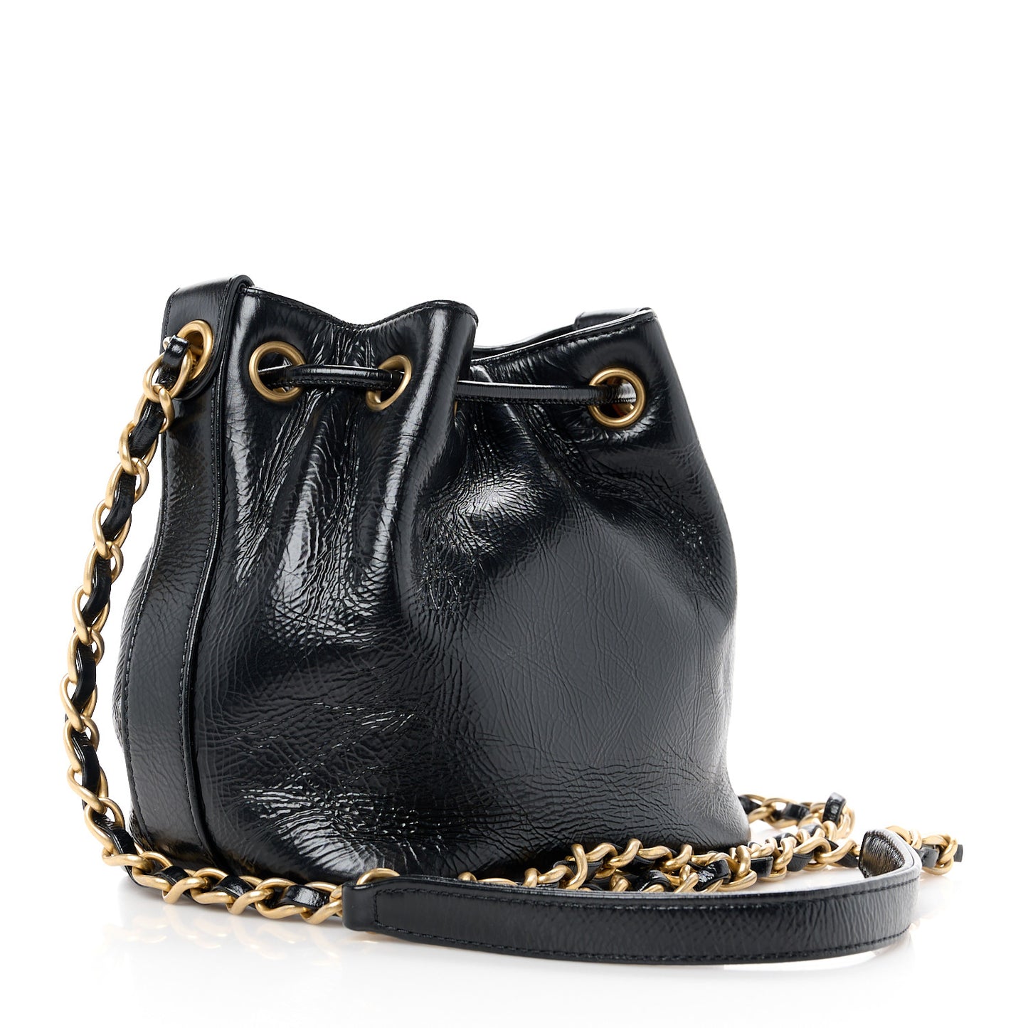 Shiny Aged Calfskin CC Chain Mini Drawstring Bag Black
