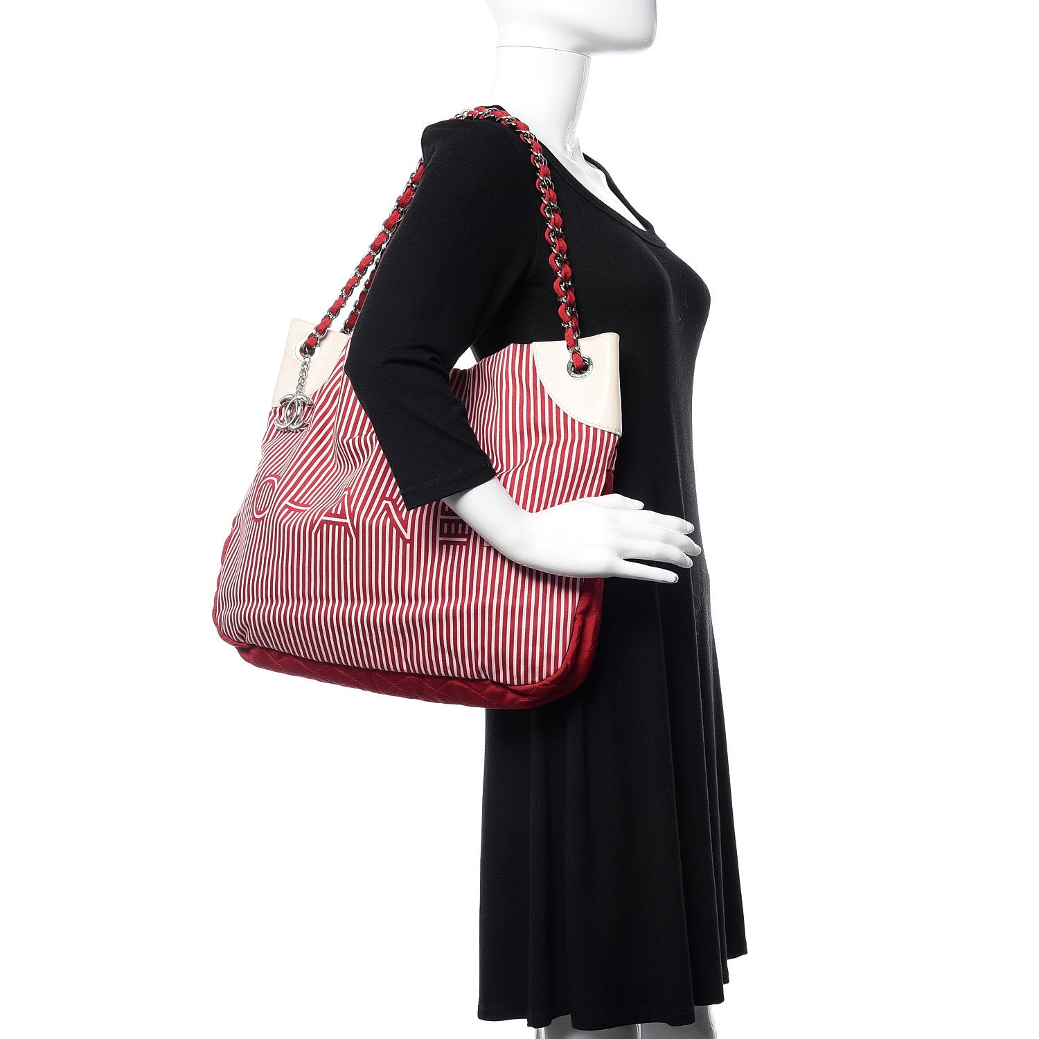 Chanel Striped Canvas Logo Tote Red 2 of 10