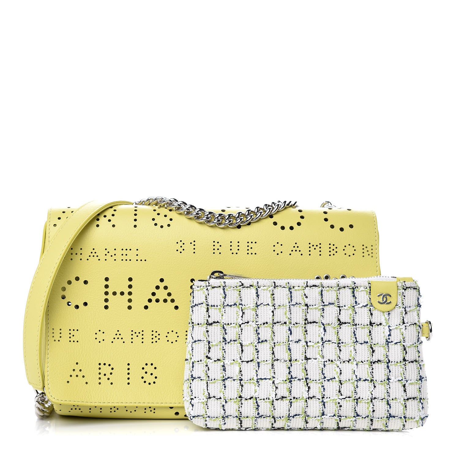 Chanel Calfskin Tweed Piercing Light Flap Bag Yellow White Green 1 of 11