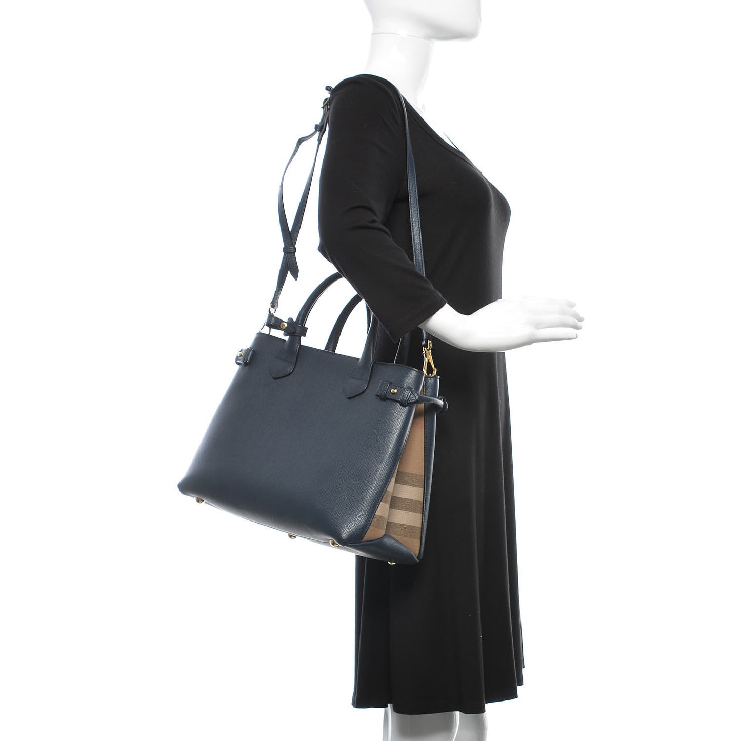 Grainy Calfskin House Check Medium Banner Tote Ink Blue