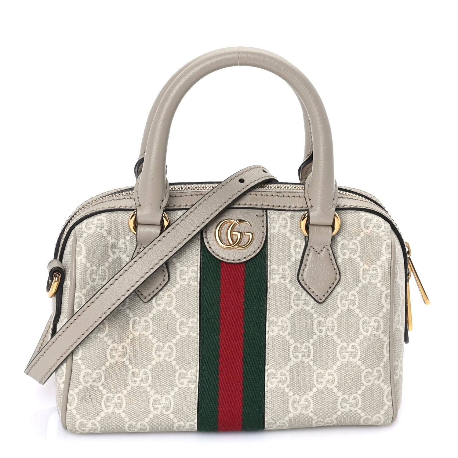 Gucci GG Supreme Monogram Textured Dollar Calfskin Web Mini Ophidia Top Handle Bag Beige Mystic White Oatmeal 1 of 7