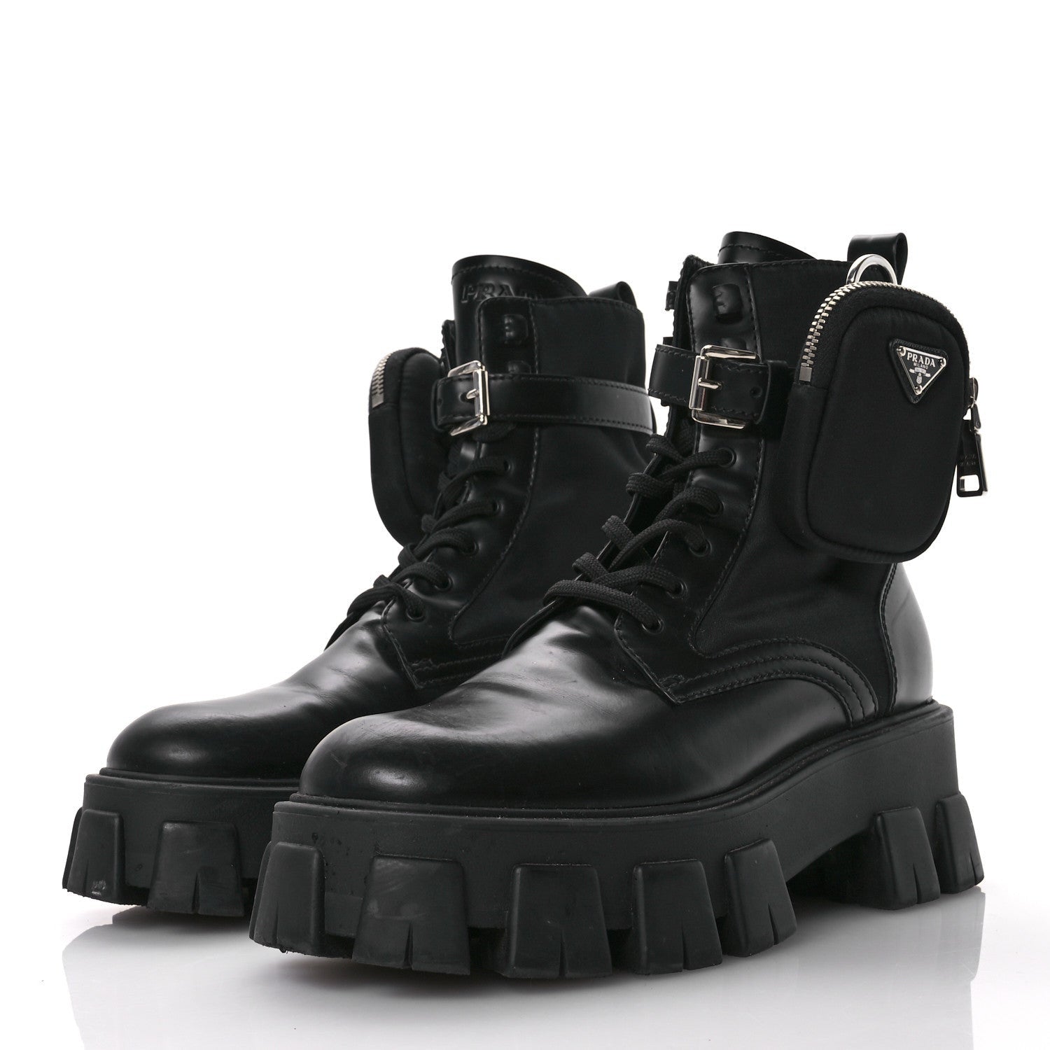 Prada Spazzolato Rois Nylon Metal Triangle Logo Monolith Pouch Pocket 55mm Boots 38.5 Black 4 of 7