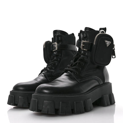 Prada Spazzolato Rois Nylon Metal Triangle Logo Monolith Pouch Pocket 55mm Boots 38.5 Black 4 of 7