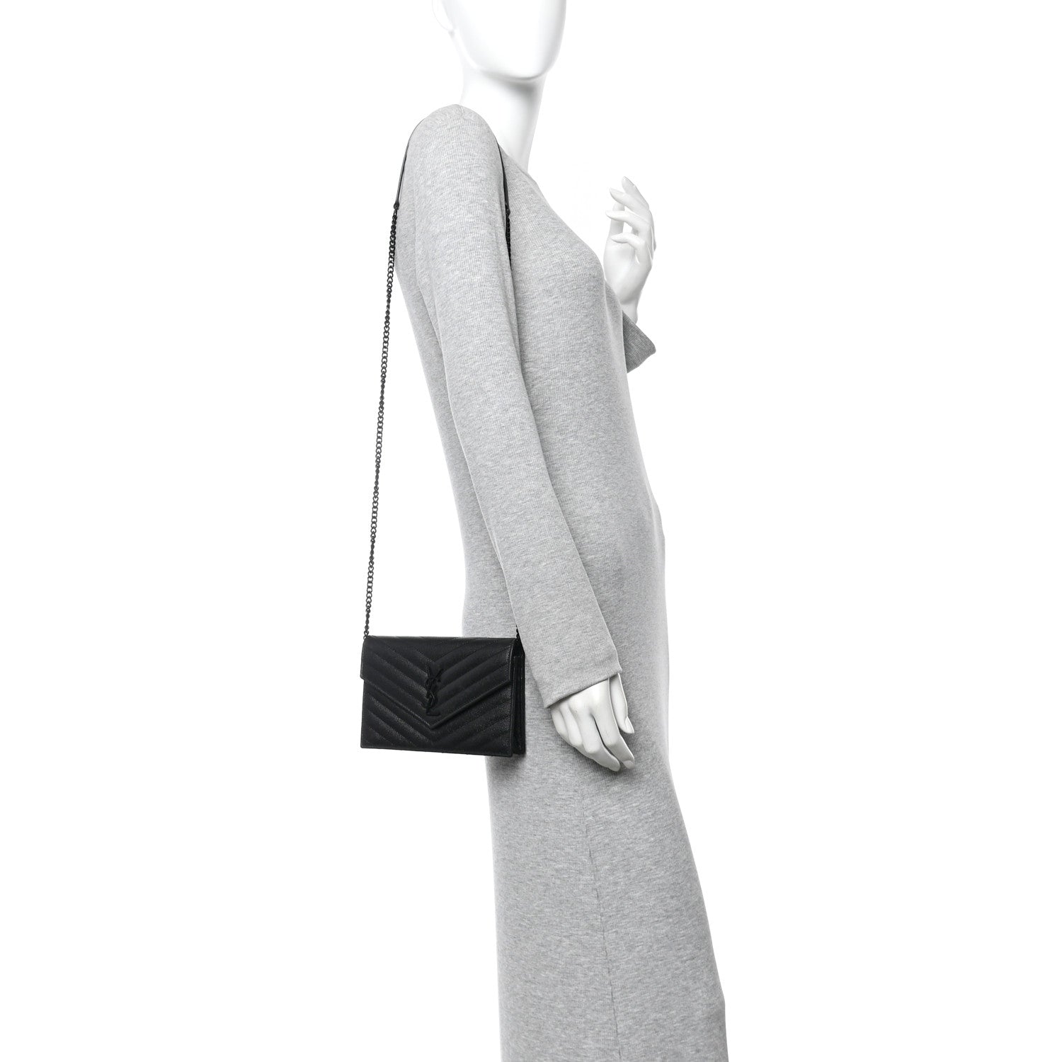 Saint Laurent Grain De Poudre Matelasse Chevron Monogram Monochrome Envelope Chain Wallet Black 2 of 13