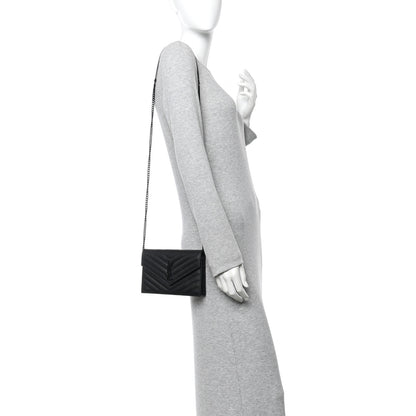 Saint Laurent Grain De Poudre Matelasse Chevron Monogram Monochrome Envelope Chain Wallet Black 2 of 13