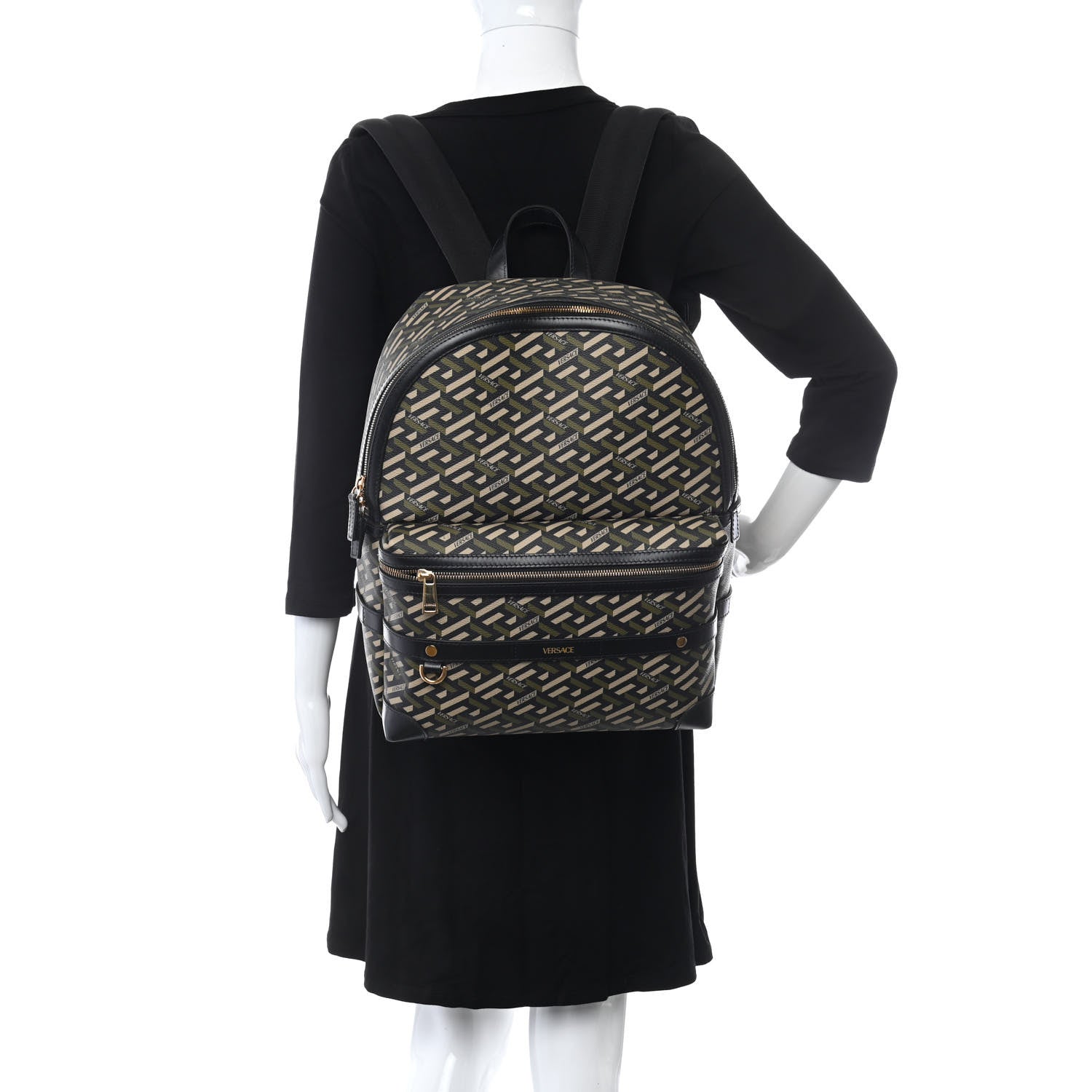 Versace Coated Canvas Calfskin La Greca Signature Backpack Black Khaki 3 of 9