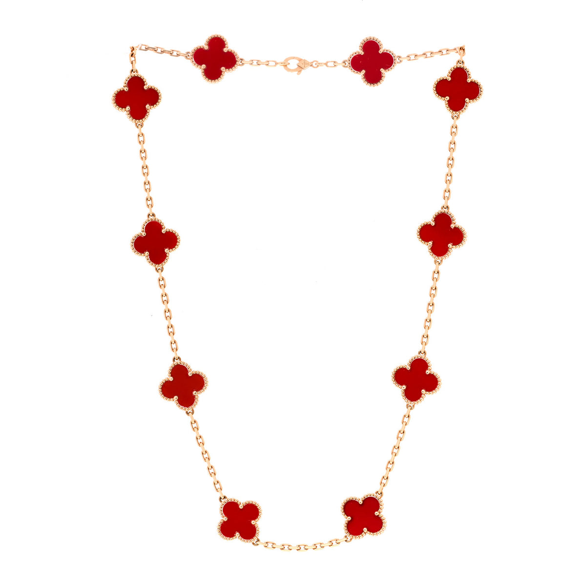 18K Yellow Gold Carnelian 10 Motifs Vintage Alhambra Necklace