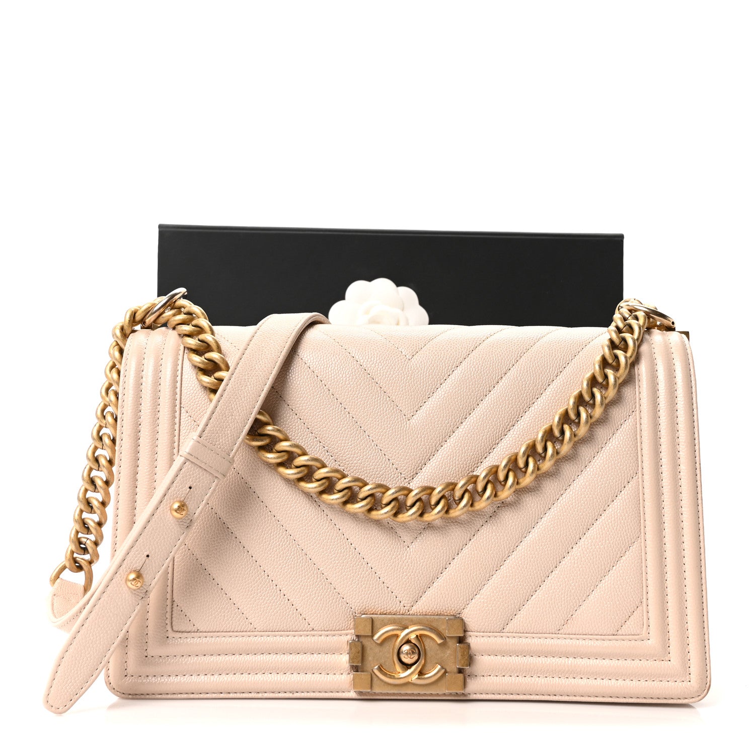 Chanel Caviar Chevron Quilted New Medium Boy Flap Beige 11 of 11