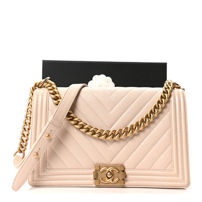 Chanel Caviar Chevron Quilted New Medium Boy Flap Beige 11 of 11