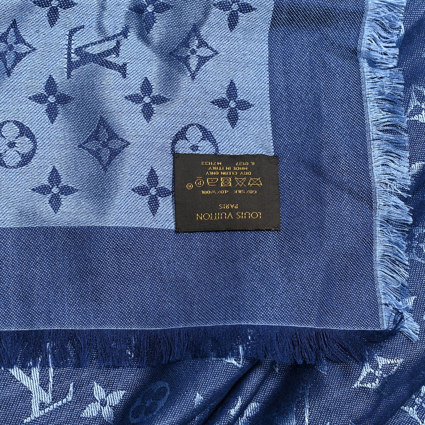 Silk Wool Monogram Denim Shawl Blue