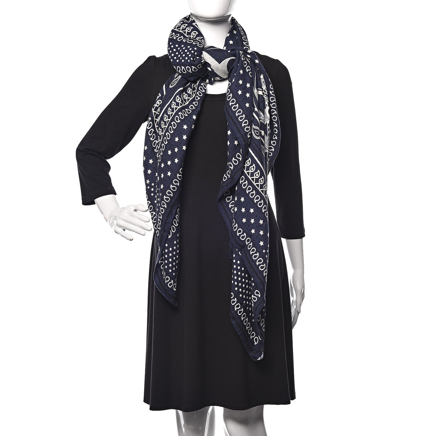 Silk Cashmere Grand Manege Bandana Shawl 140 Marine Blanc