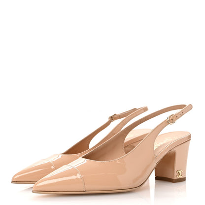 Chanel Patent Calfskin Cap Toe CC Slingback Pumps 38 Beige 4 of 7