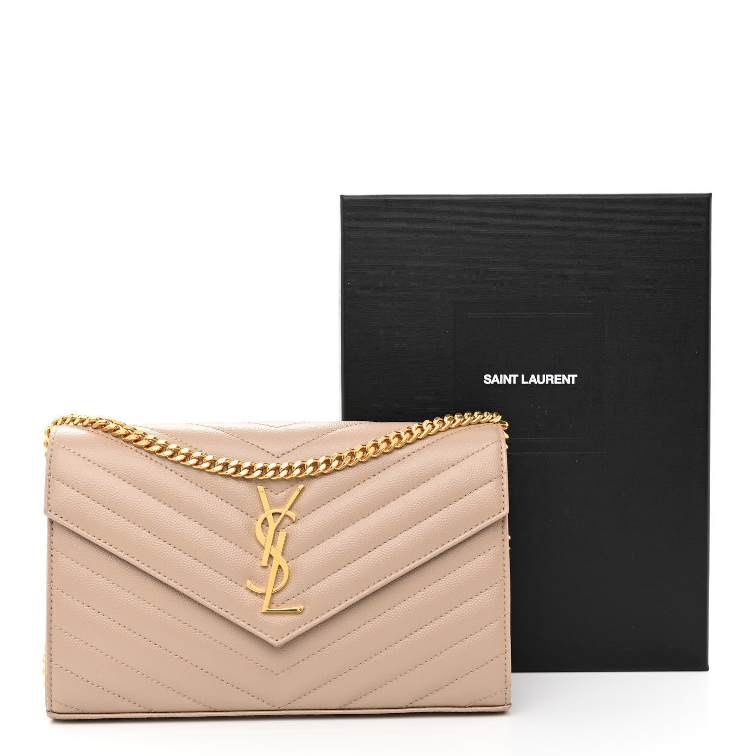 Saint Laurent Grain De Poudre Matelasse Chevron Monogram Chain Wallet Deep Beige 11 of 11