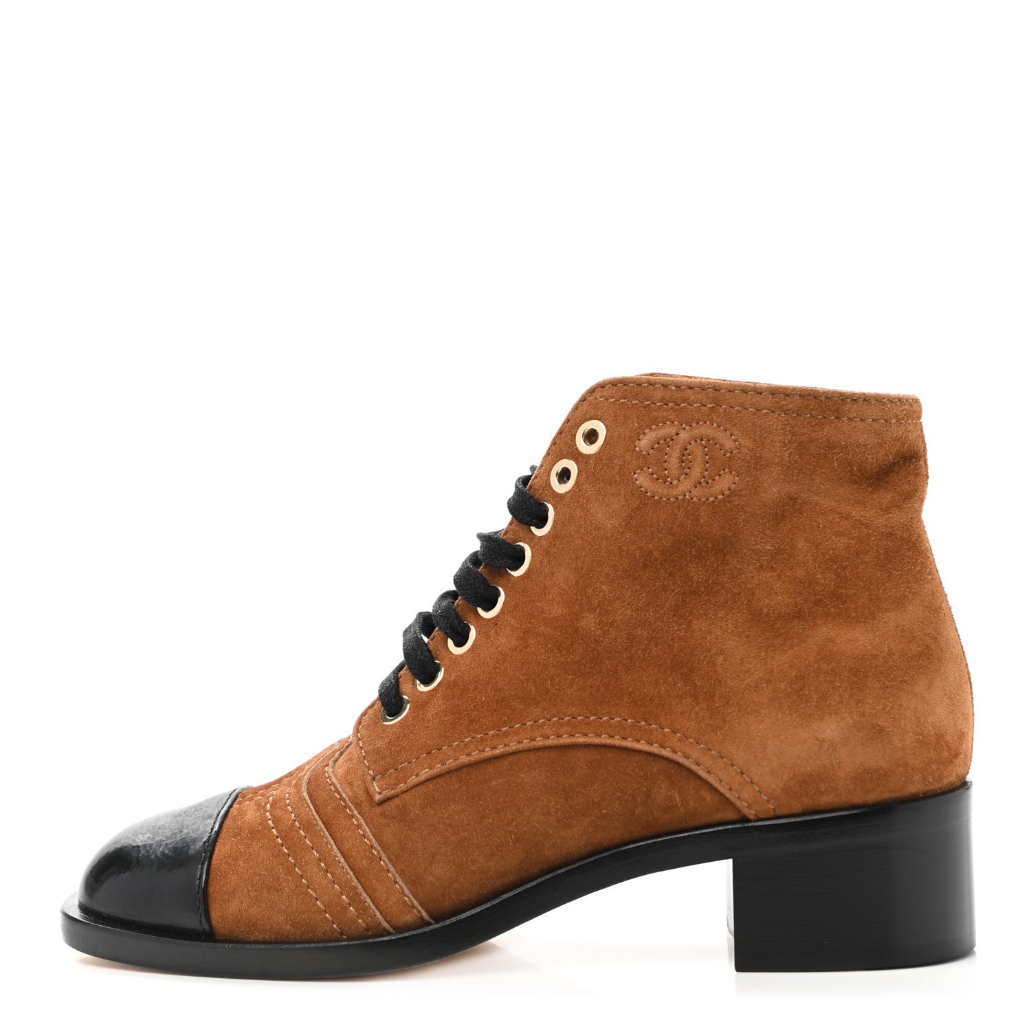 Chanel Suede Patent Cap Toe CC Boots 35.5 Beige Black 1 of 13