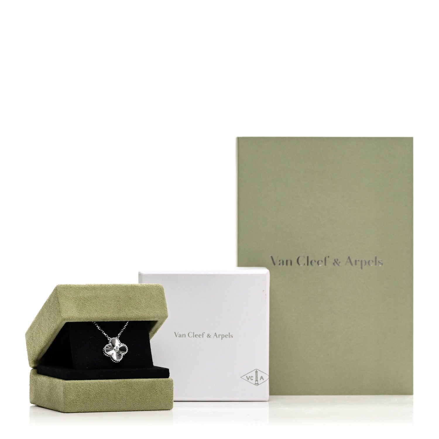 Van Cleef & Arpels 18K White Gold Diamond Guilloche Vintage Alhambra Pendant Necklace 5 of 5