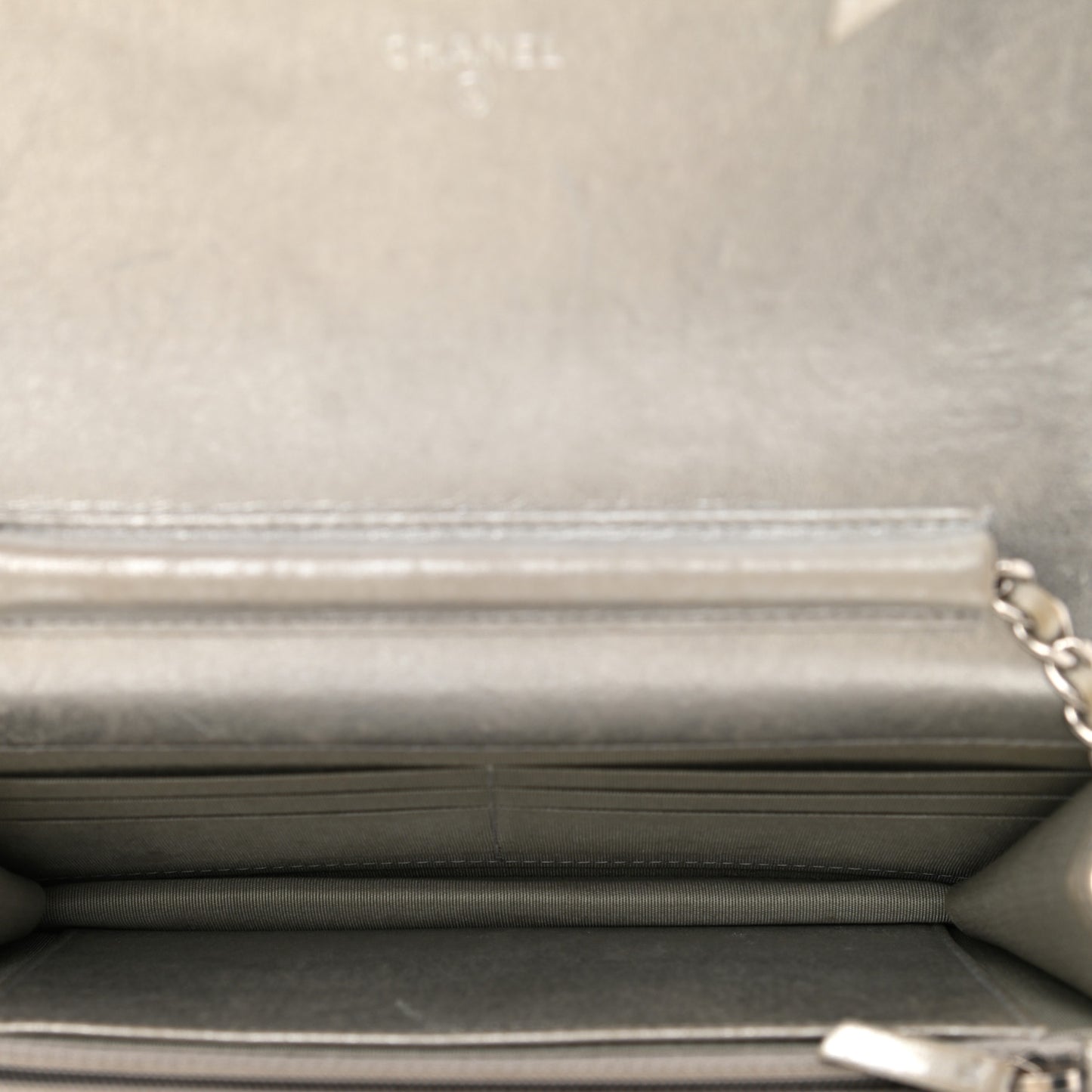 Metallic Lambskin Wallet on Chain WOC Silver