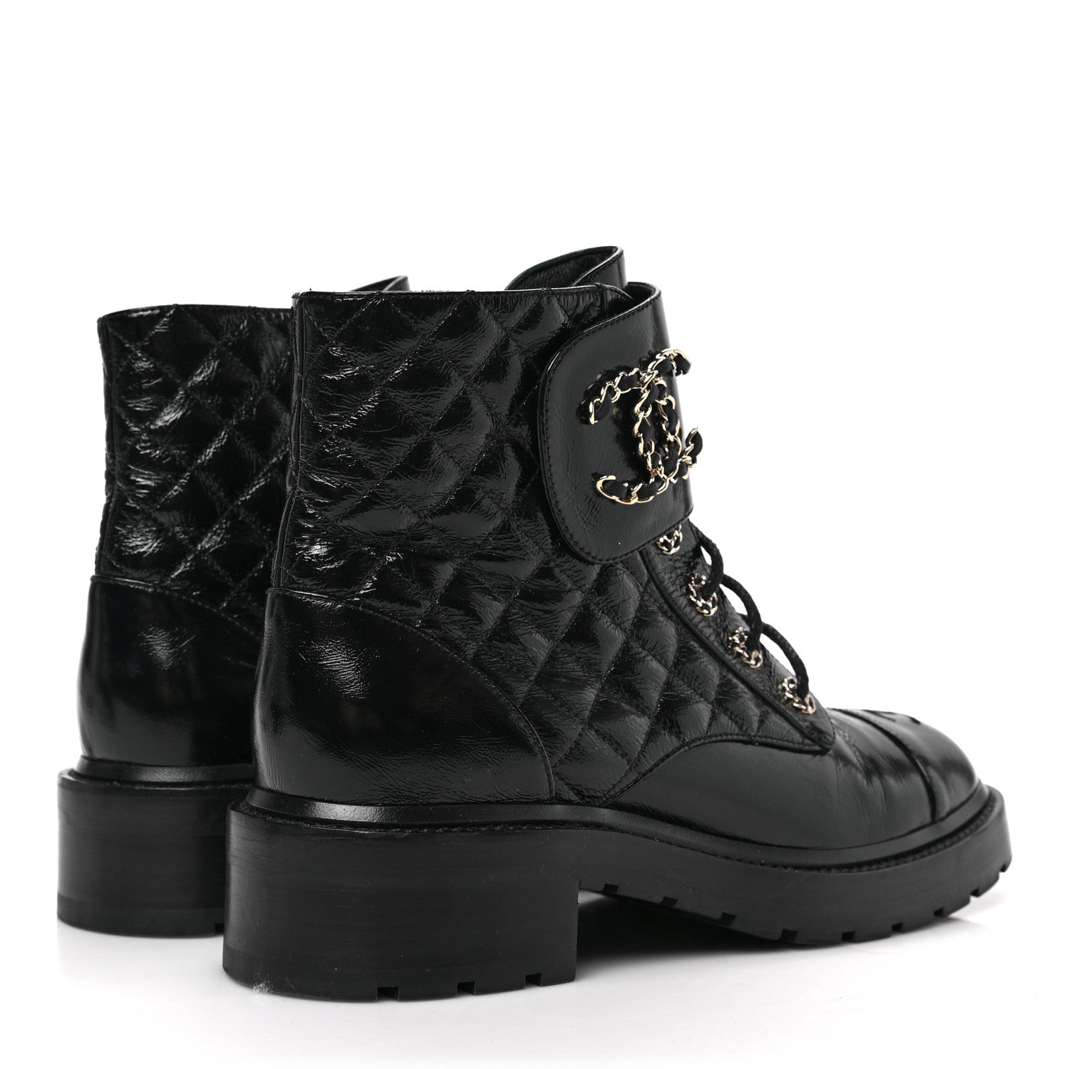 Chanel Shiny Calfskin Quilted Lace Up Combat Boots 40.5 Black 4 of 7