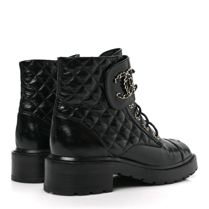 Chanel Shiny Calfskin Quilted Lace Up Combat Boots 40.5 Black 4 of 7