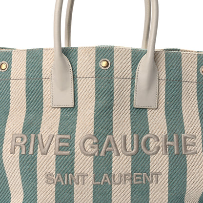 Saint Laurent Cotton Linen Calfskin Striped Rive Gauche Tote Water Green 6 of 8