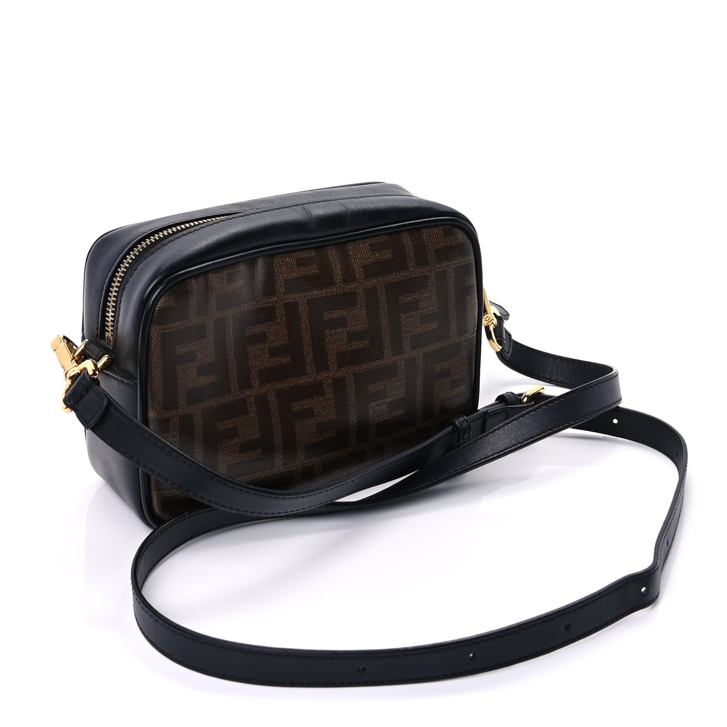 Fendi Glazed Fabric Vitello Century FF 1974 Stamp Patch Mini Camera Case Mogano Panna Black 2 of 8