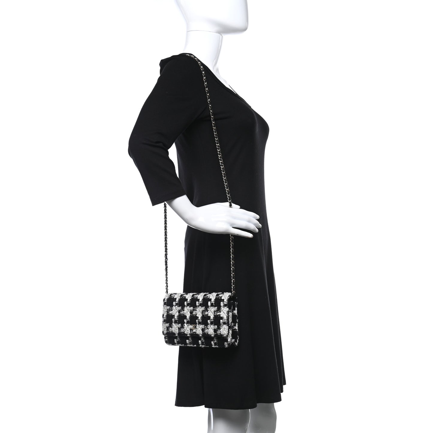 Tweed Quilted Wallet On Chain WOC Black Ecru White