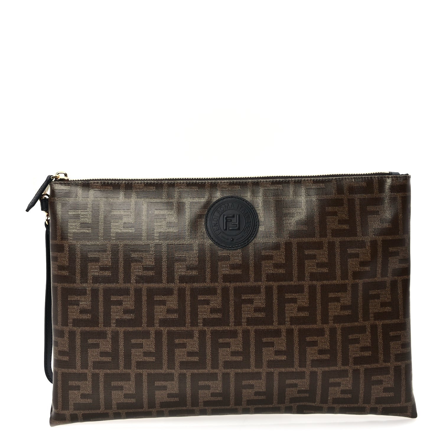 Fendi Glazed Fabric Vitello Century FF 1974 Stamp Patch Large Flat Pouch  Mogano Panna Black 1 of 6