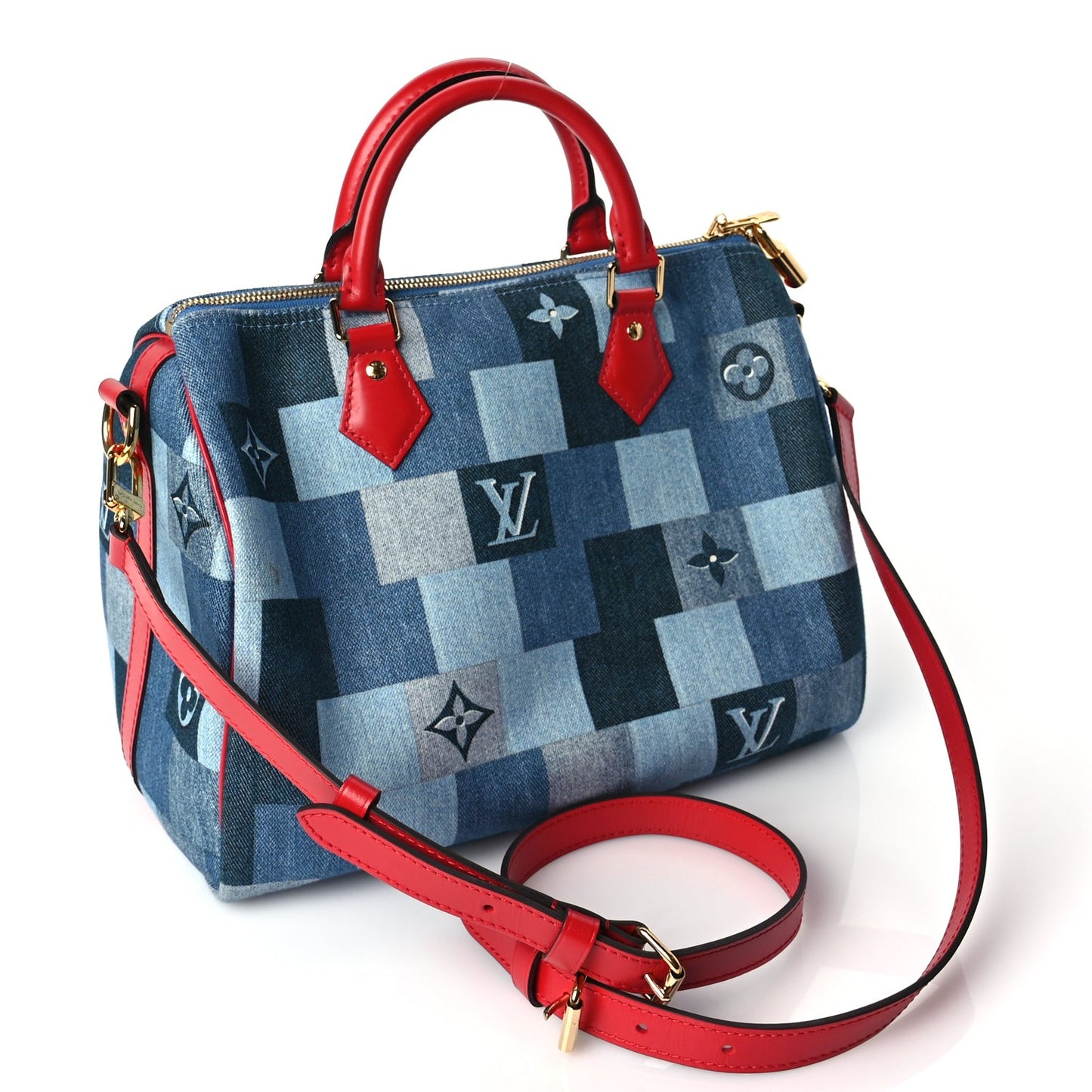 Denim Damier Monogram Patchwork Speedy Bandouliere 30 Blue Rouge