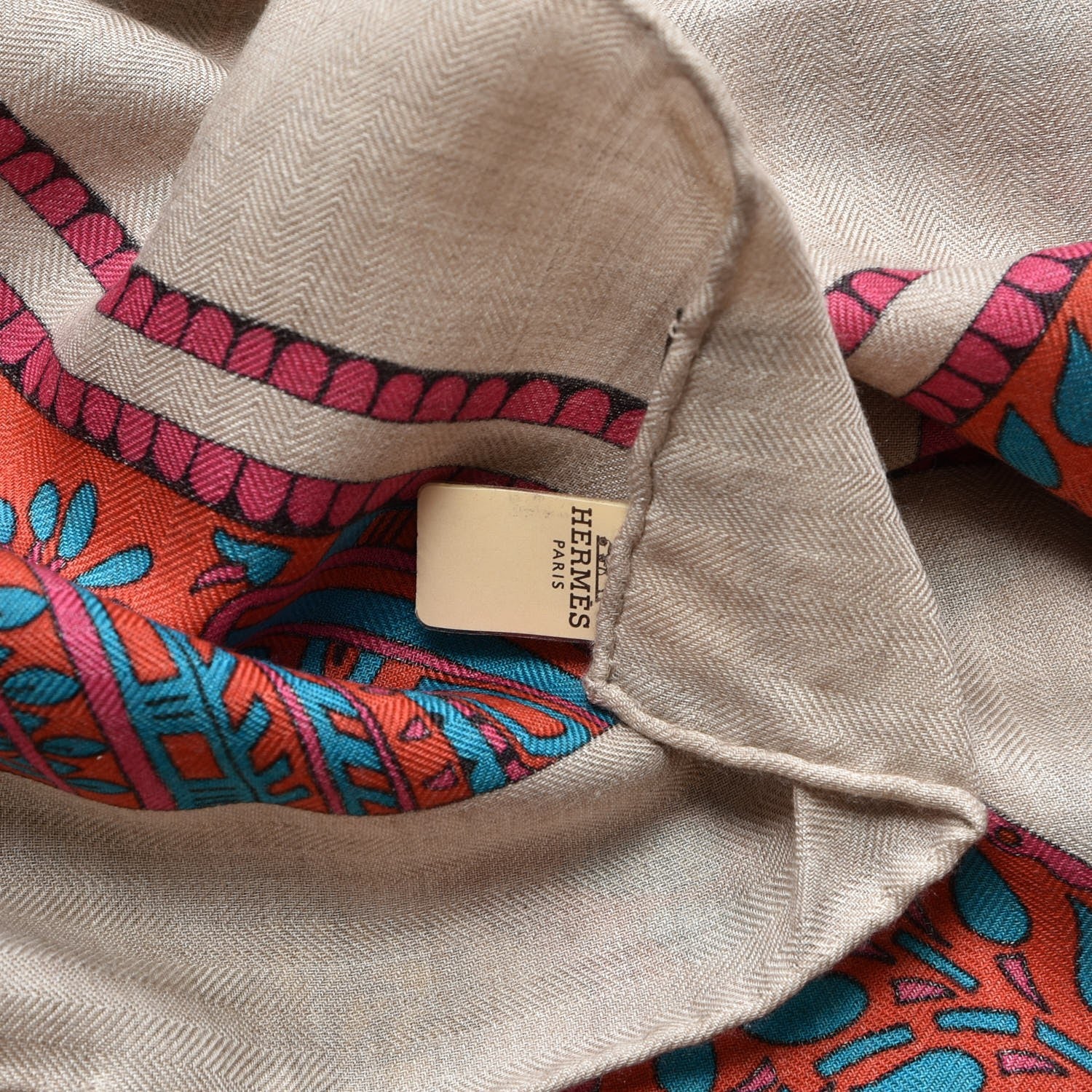 Hermes Cashmere Silk La Danse Du Cheval Shawl 140 Naturel Rose Vert 6 of 7