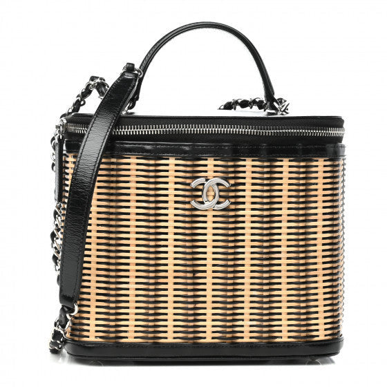 Glazed Calfskin Raffia Vanity Case Bag  Black Beige