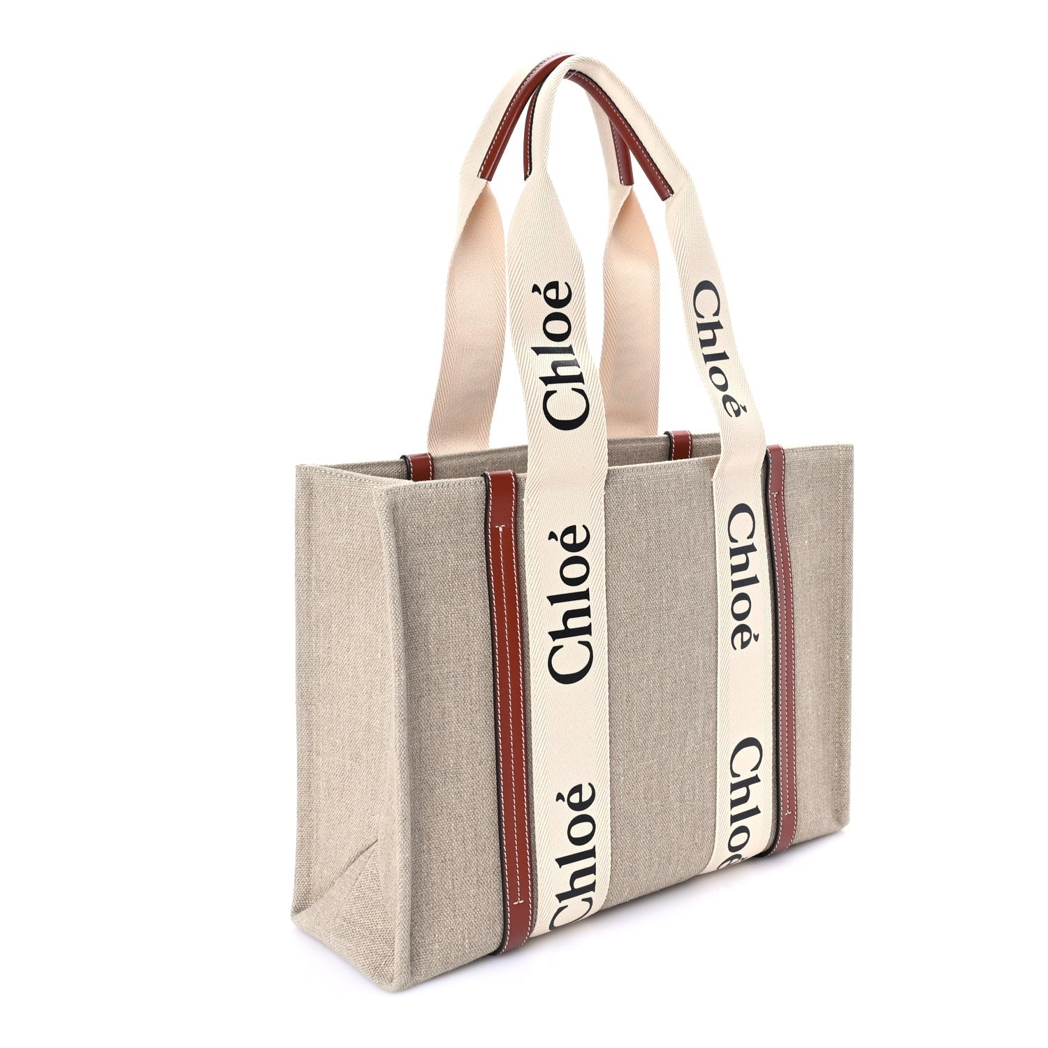 Chloe Linen Calfskin Medium Woody Ribbon Tote  White Brown 2 of 8
