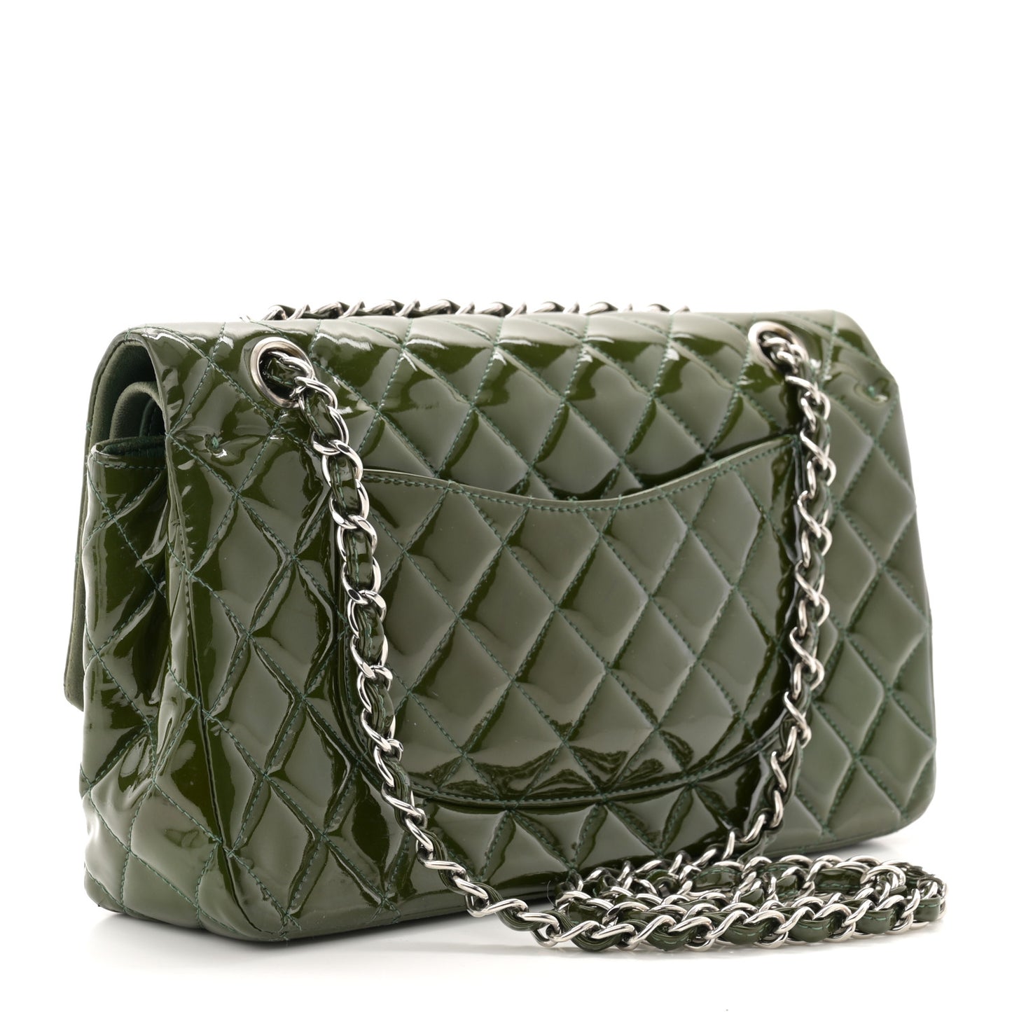 Patent Calfskin Quilted Medium Double Flap Green