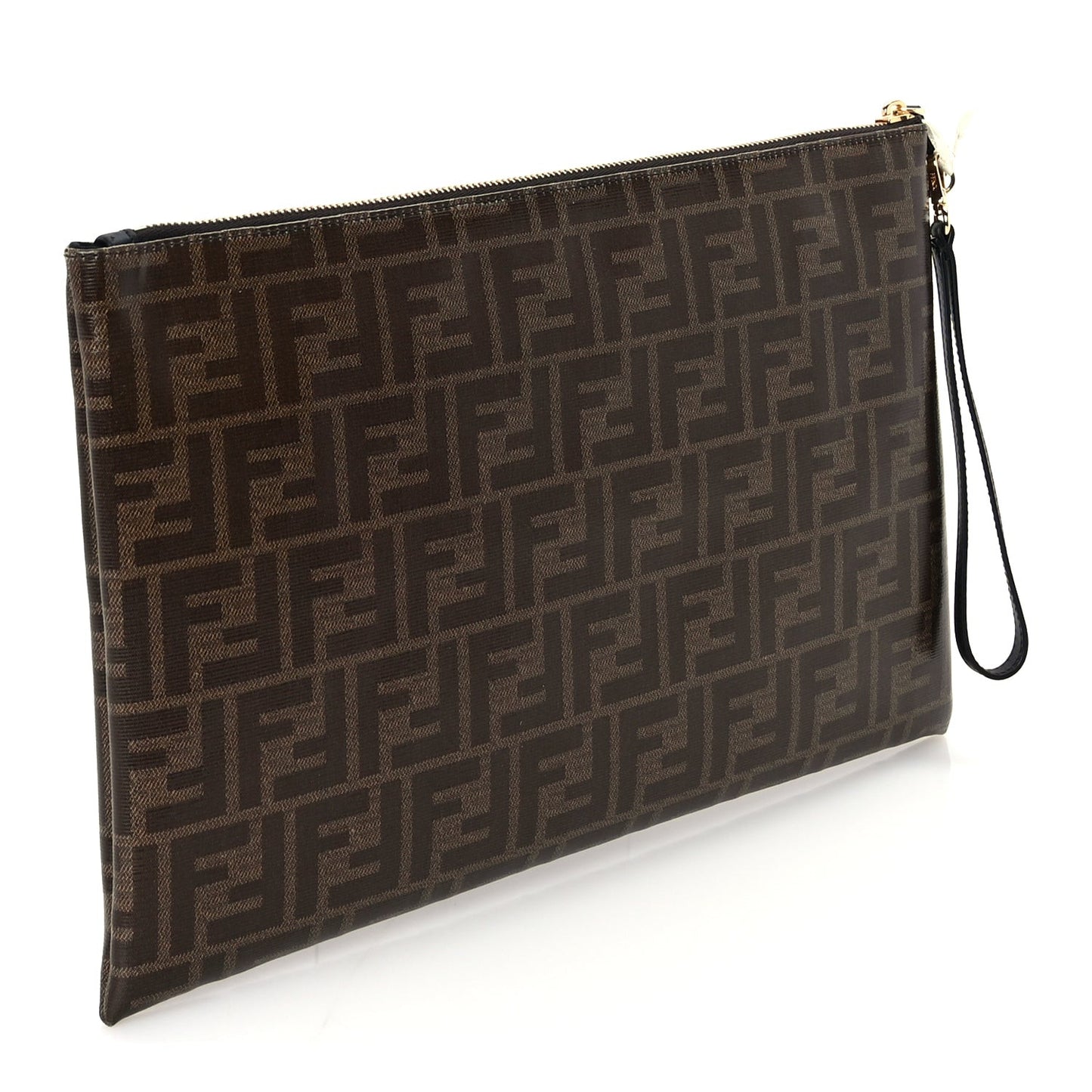 Glazed Fabric Vitello Century FF 1974 Stamp Patch Large Flat Pouch  Mogano Panna Black