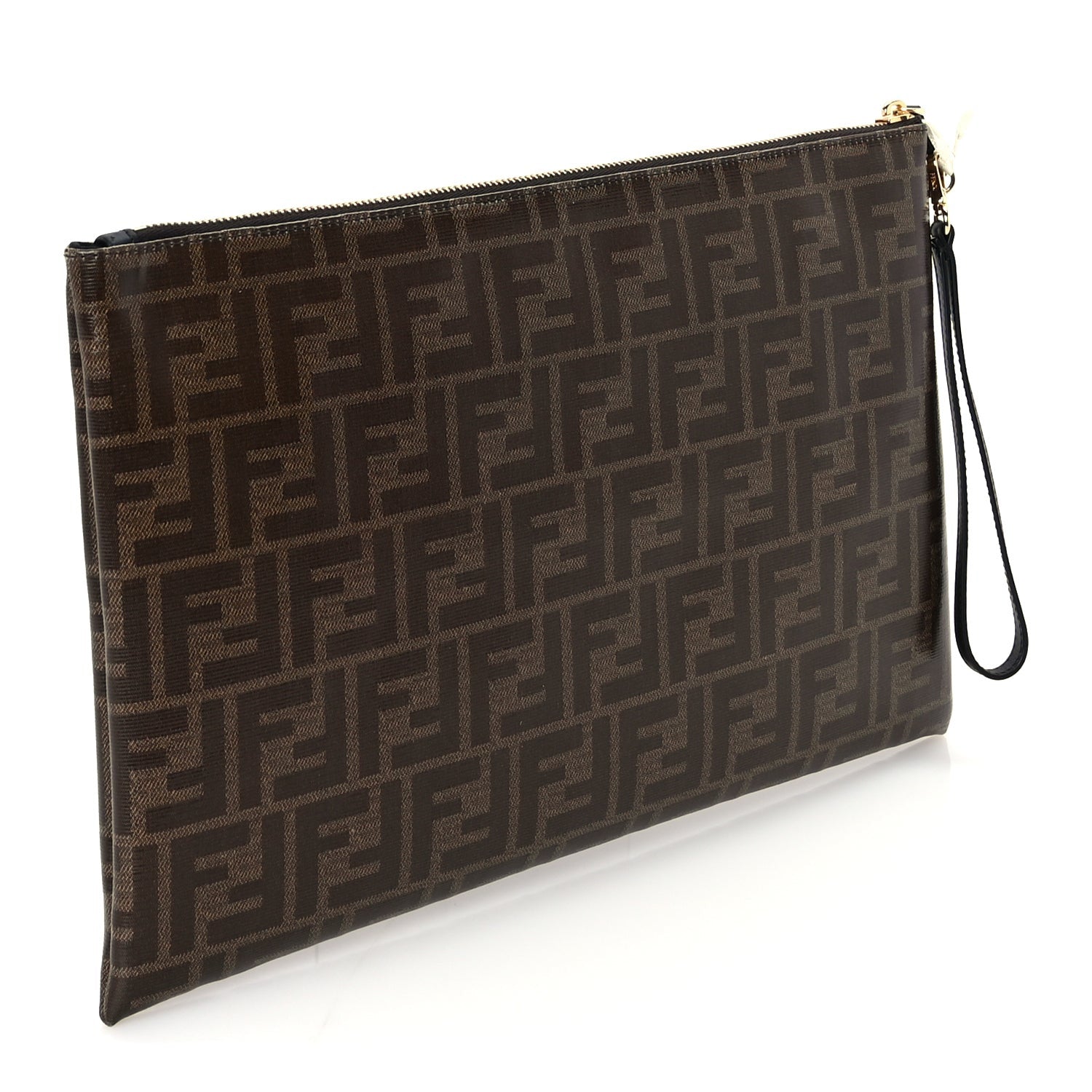 Fendi Glazed Fabric Vitello Century FF 1974 Stamp Patch Large Flat Pouch  Mogano Panna Black 4 of 6