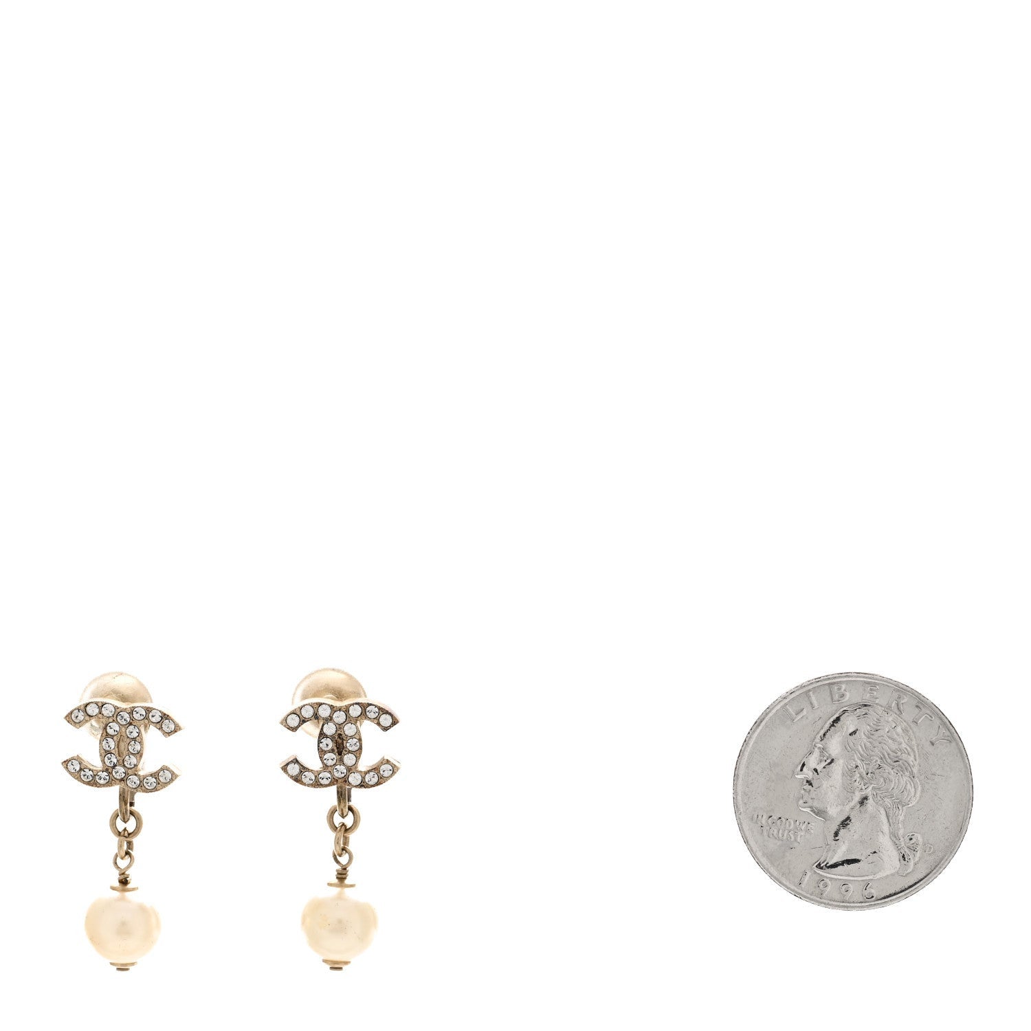 Chanel Pearl Crystal CC Drop Clip On Earrings Gold White 2 of 4