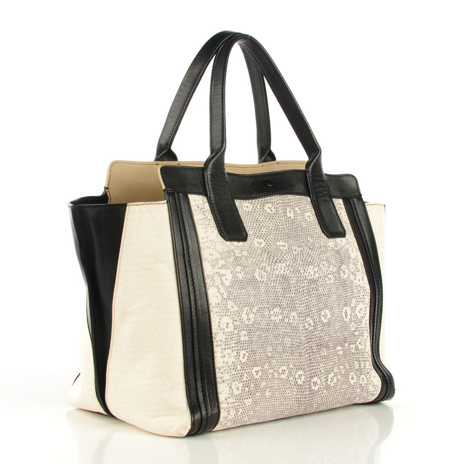 Chloe Grained Calfskin Lizard Embossed Mini Alison East West Tote Black White 3 of 8