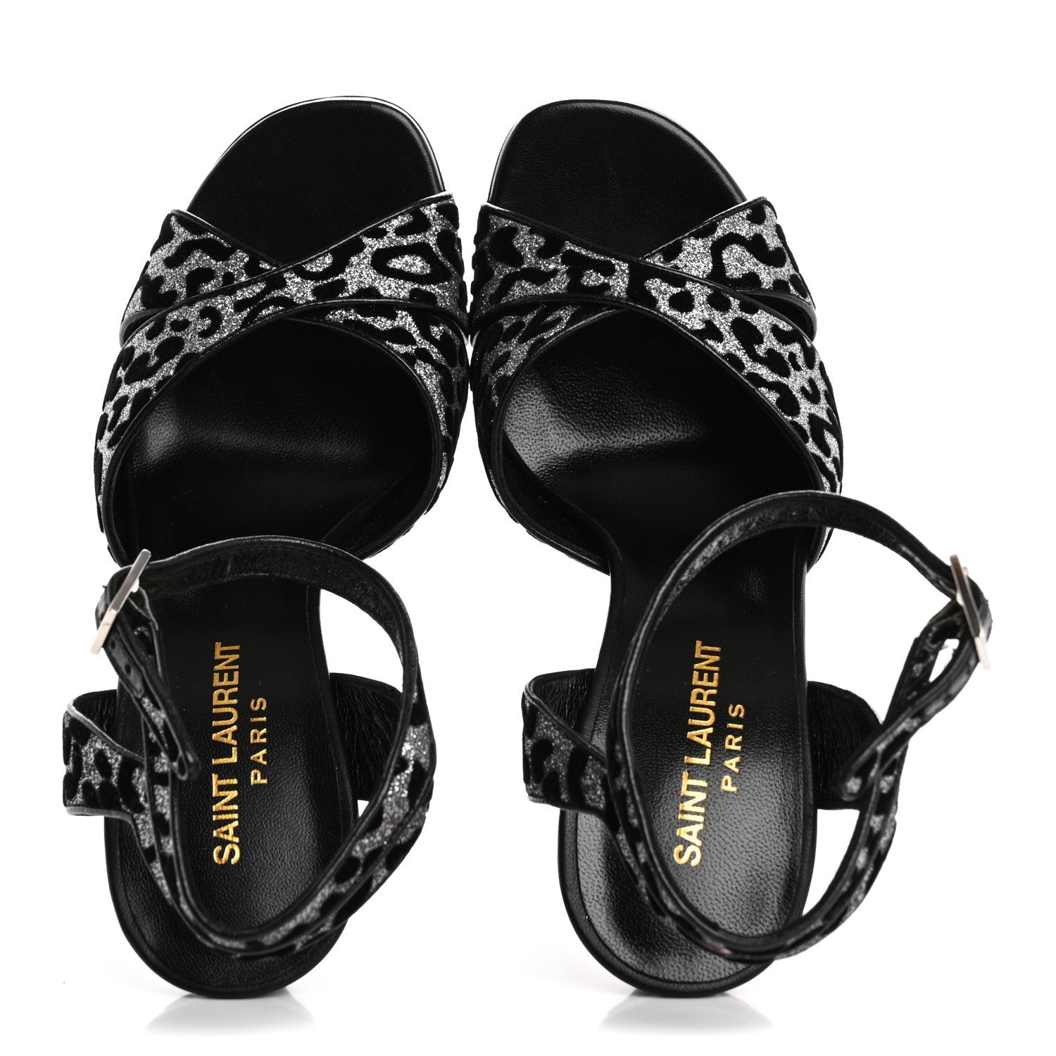 Saint Laurent Velvet Glitter Leopard Print Platform Sandals 37 Argento Black 2 of 7