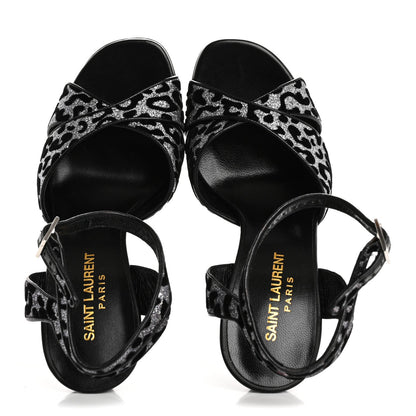 Saint Laurent Velvet Glitter Leopard Print Platform Sandals 37 Argento Black 2 of 7