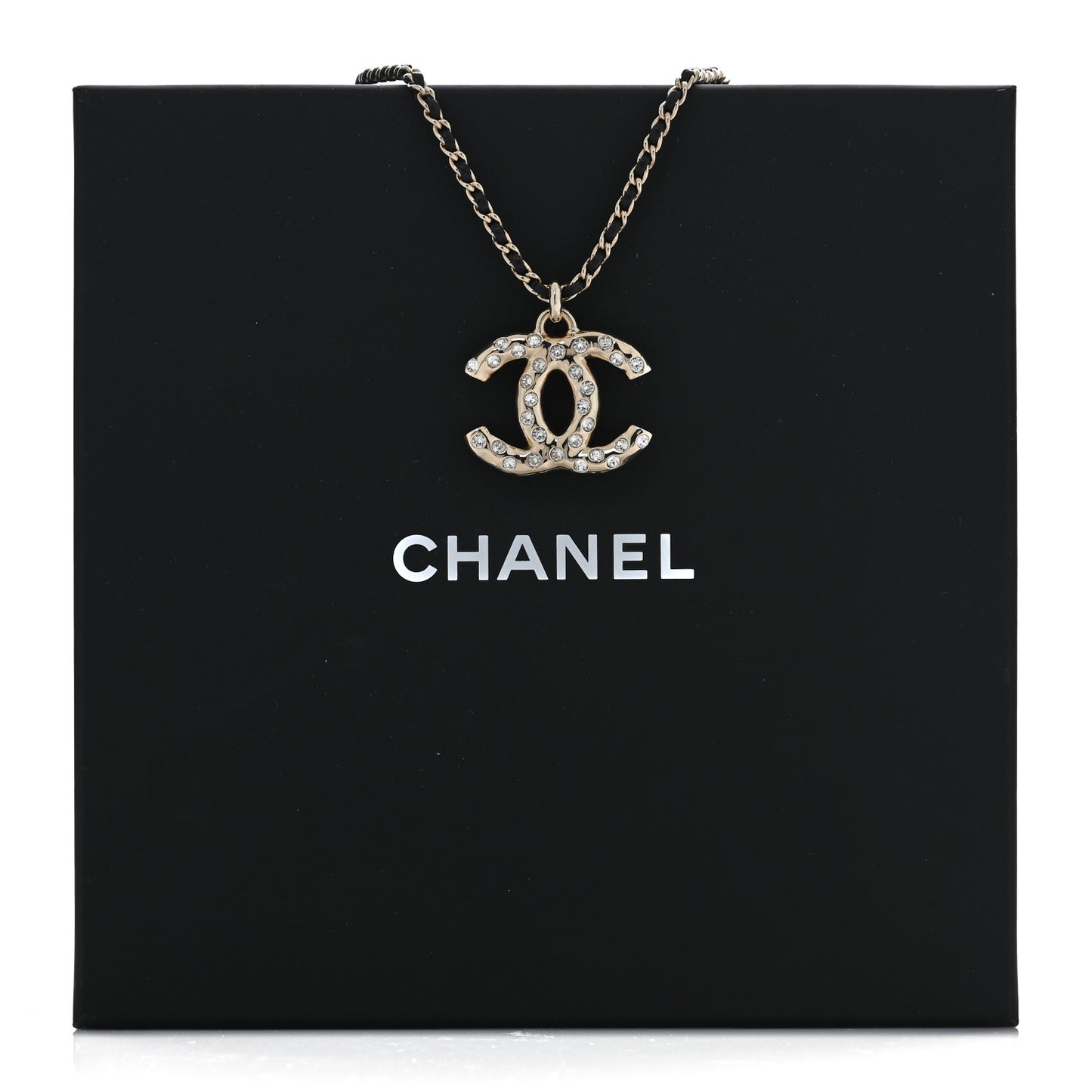 Lambskin Crystal CC Chain Pendant Necklace Black Gold