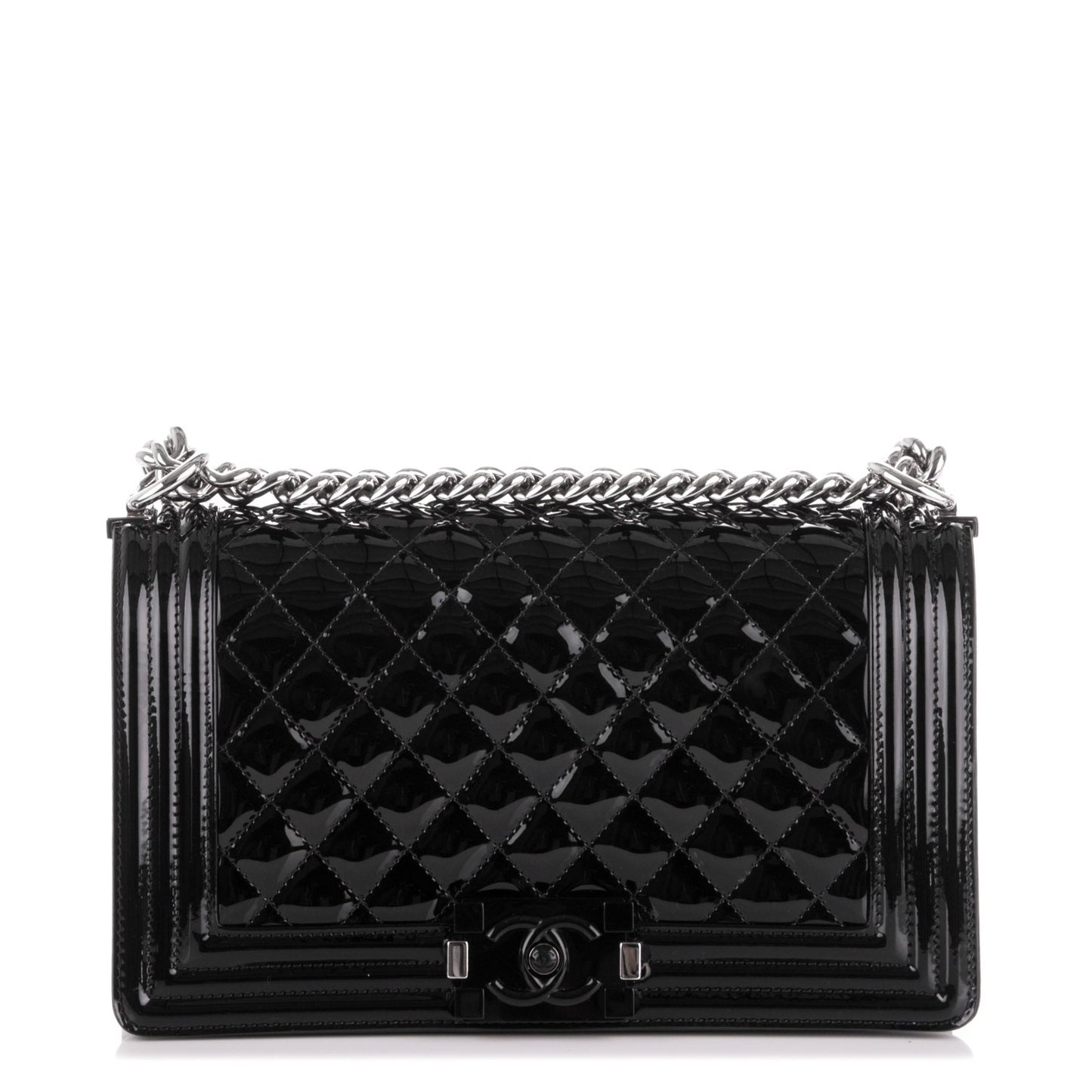 Patent Calfskin Quilted Medium Plexiglass Boy Flap Black