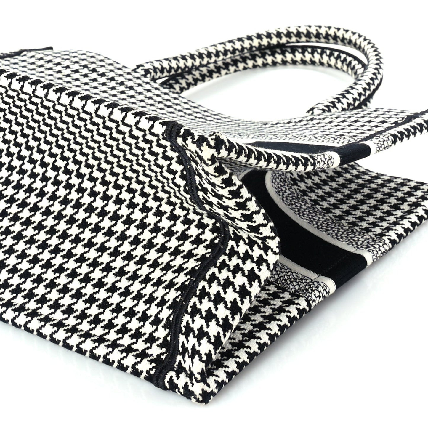 Canvas Houndstooth Embroidered Medium Book Tote  Black White