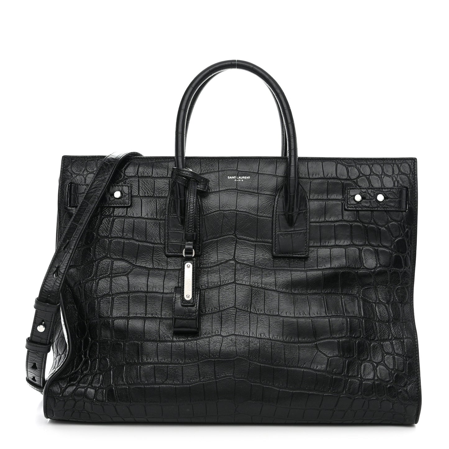 SAINT LAURENT Calfskin Crocodile Embossed Large Thin Sac De Jour Black