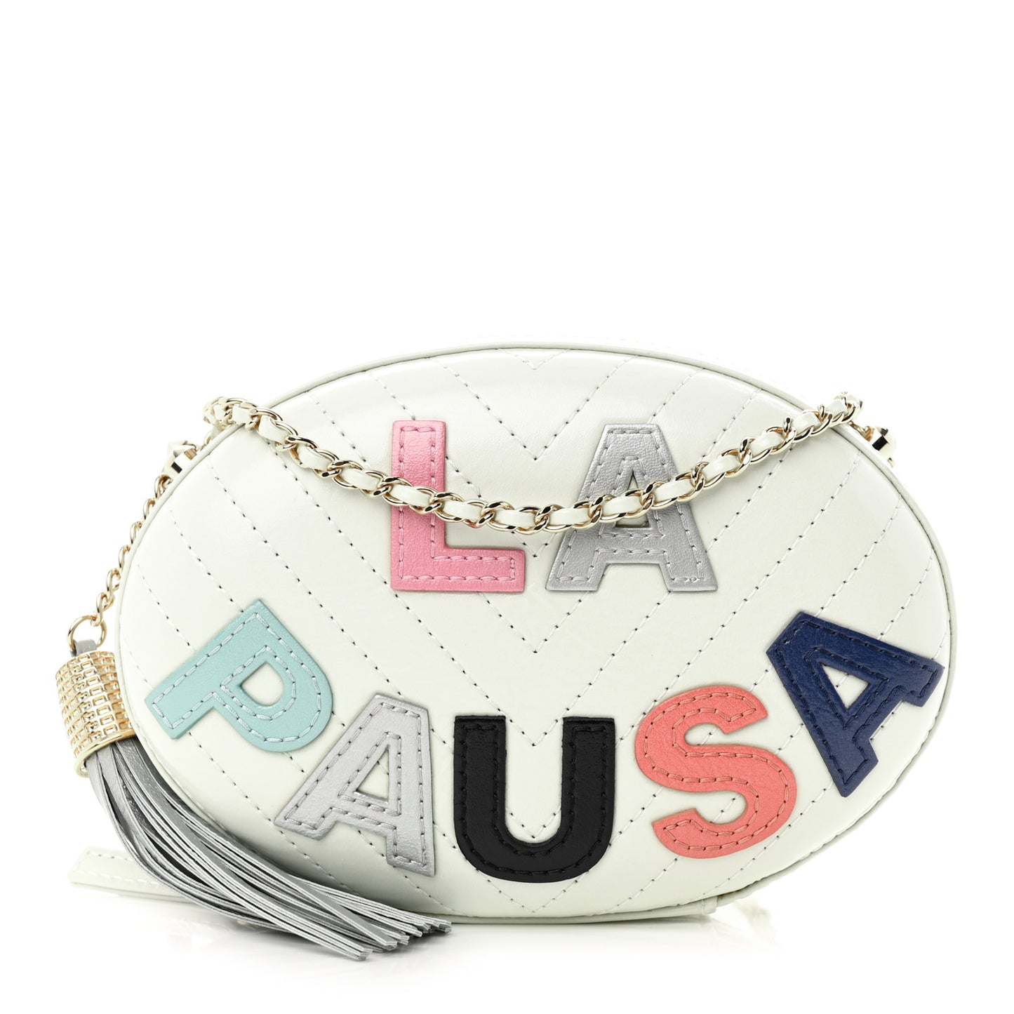 Embroidered Lambskin Chevron Quilted La Pausa Evening Bag White