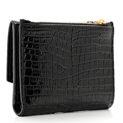 Saint Laurent Shiny Calfskin Crocodile Embossed Monogram Uptown Compact Wallet Black 3 of 7