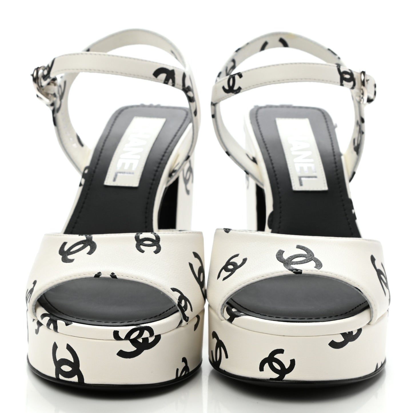 Printed Lambskin CC Platform Sandals 36 White Black