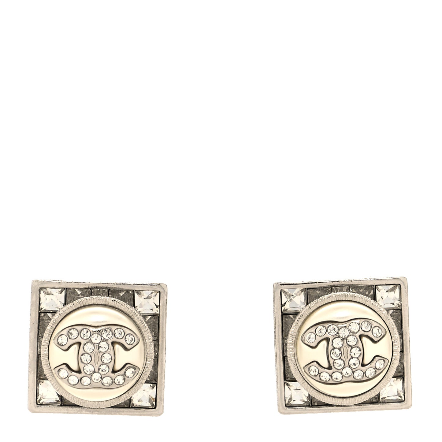 Pearl Crystal Metal CC Square Earrings Gold