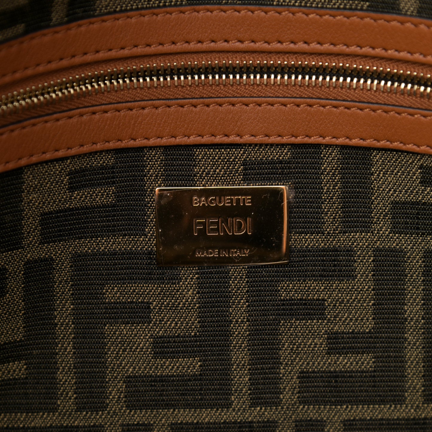 Raffia Vitello Seta FF Woven Large Baguette Brick Natural